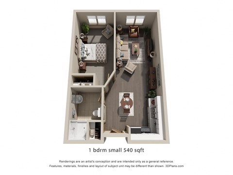 Floor plan for 1 bed, 1 bath, 540 sqft